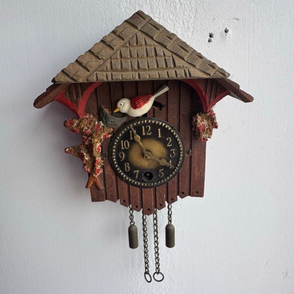 Vintage German Black Forest Cuckoo Clock Floral Folk Art Small Wall Decor